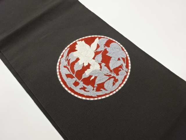 丸文に花葉模様開き名古屋帯（額縁仕立て）